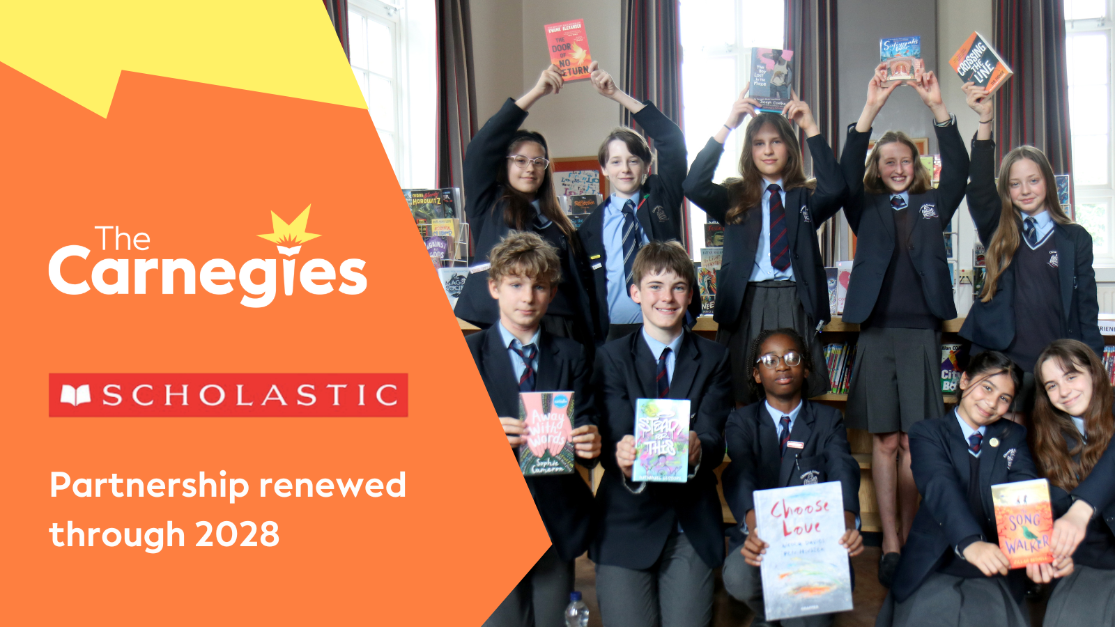 Graphic with a photo of children holding up books, and the Carnegies and Scholastic logos. Text reads 'Partnership renewed through 2028'.